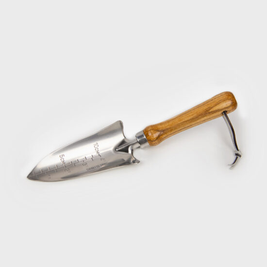 Hand trowel or soil scoop made of stainless steel with a wooden handle and gradations on the blade