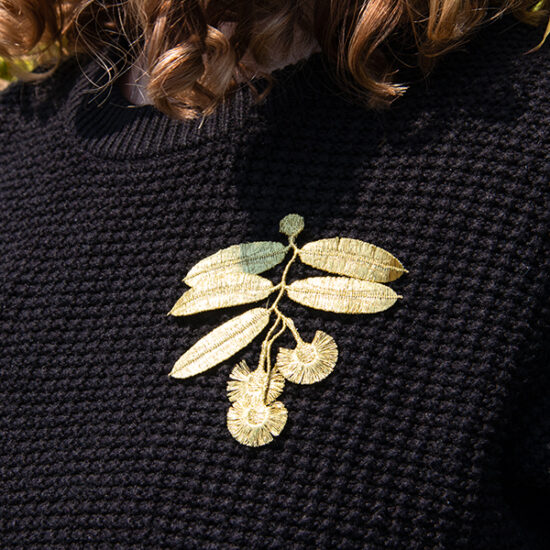 Eucalyptus flowers embroidered brooches on shirt