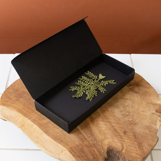 Olive branch embroidered brooch packaging